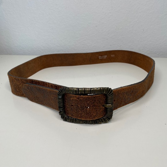 Artisanal Distressed Leather Belt Made in Italy Brown Ribbed Brass Buckle Size L - Picture 4 of 11